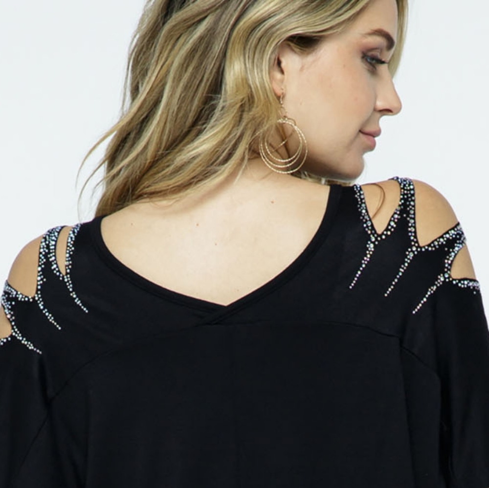 NWOT VOCAL Black Cold Shoulder Top with Rhinestone Detailing - Picture 2 of 2